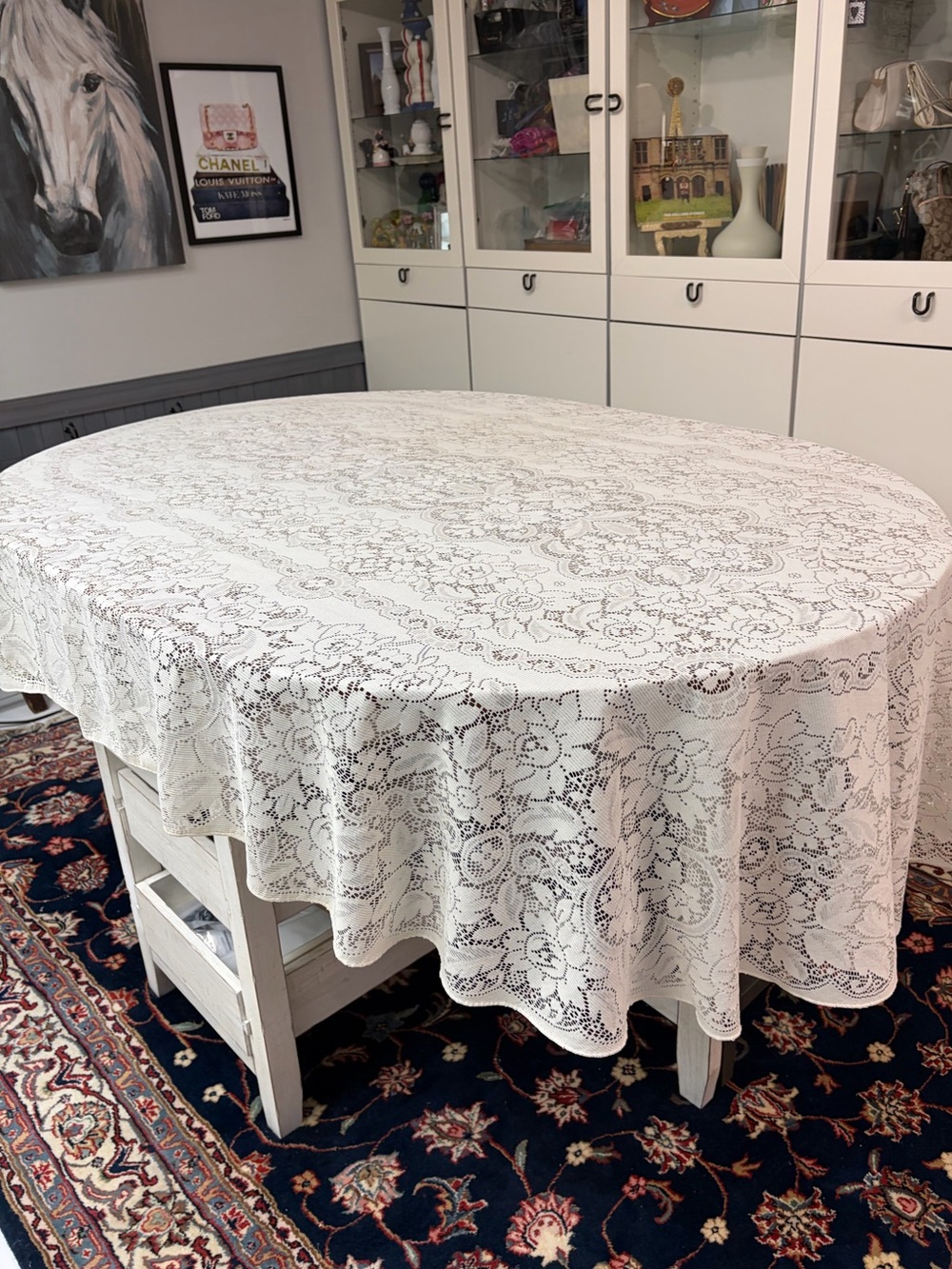 Vintage Ivory Lace Tablecloth 104” x 70” Floral Oblong Oval Cottagecore Lace